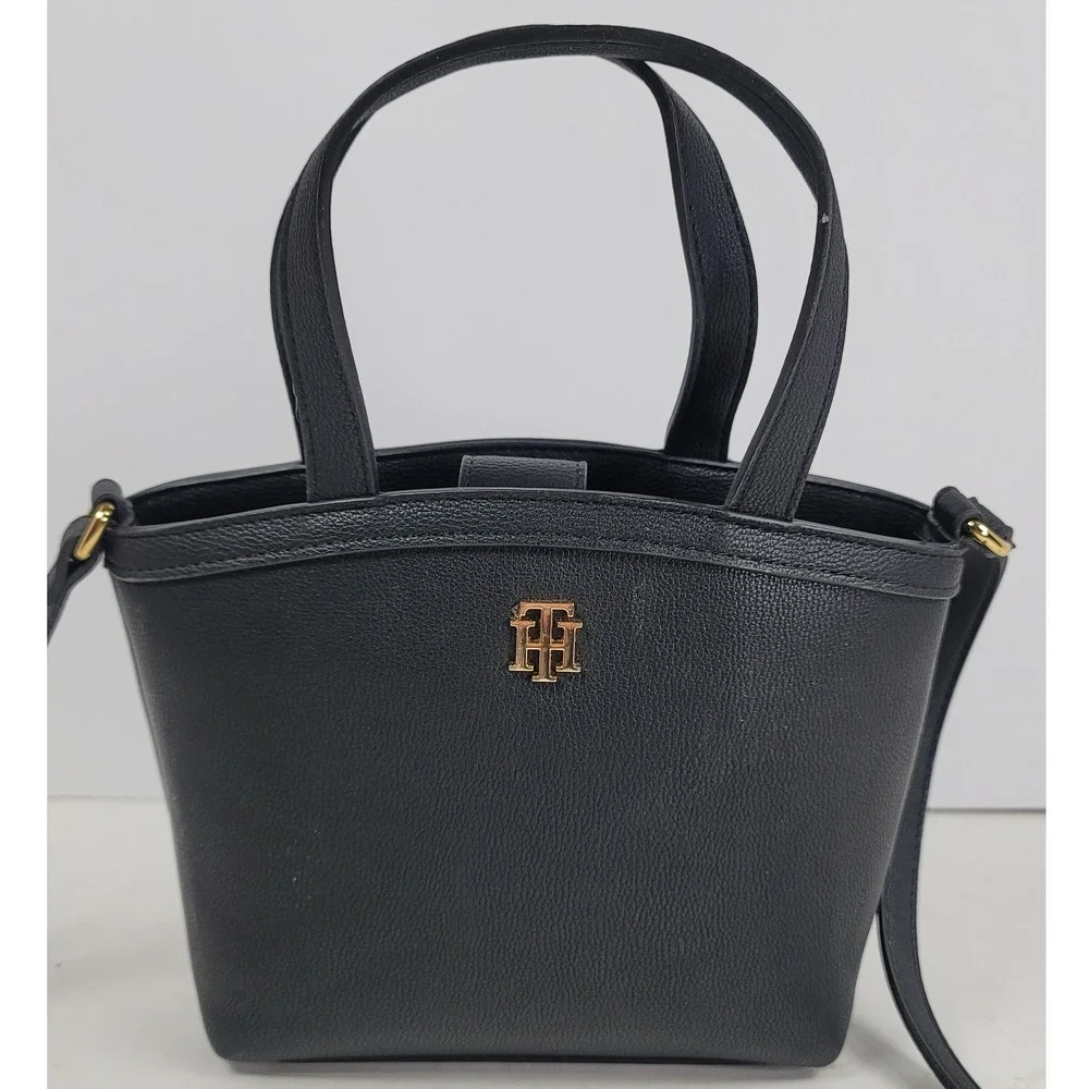 Tommy Hilfiger Pebbled Mini Tote Crossbody Bag Gold Monogram Logo Accessory